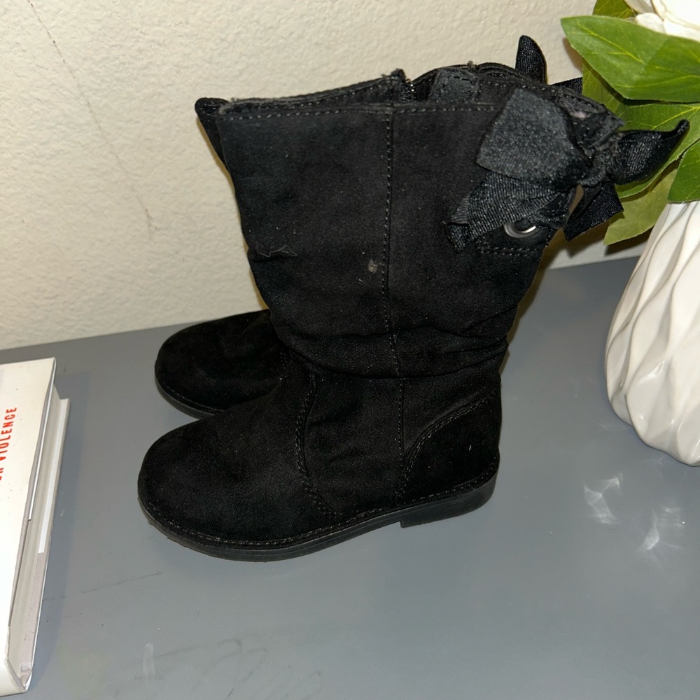 Black Suede Boots with Bow Accent
